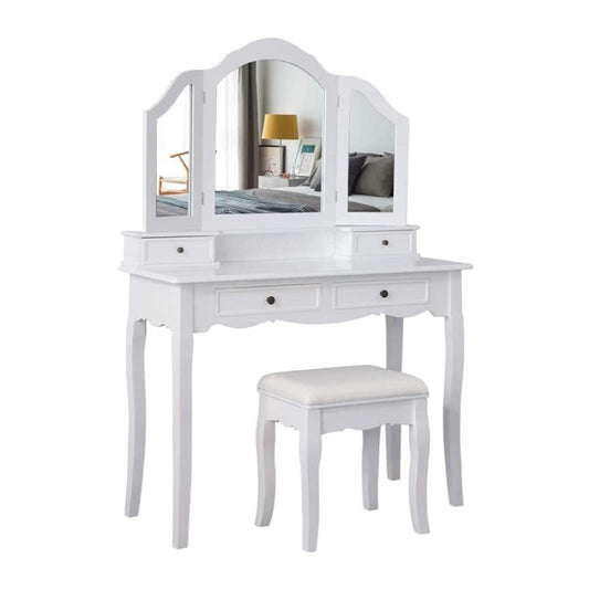 Classic Dressing Table, Black/White Color, Providing a Large Mirror, Drawers and Printed Stool