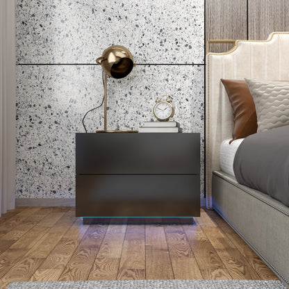 Bedside Table, LED Bedside Cabinet with 2 Drawers High Gloss with USB Light