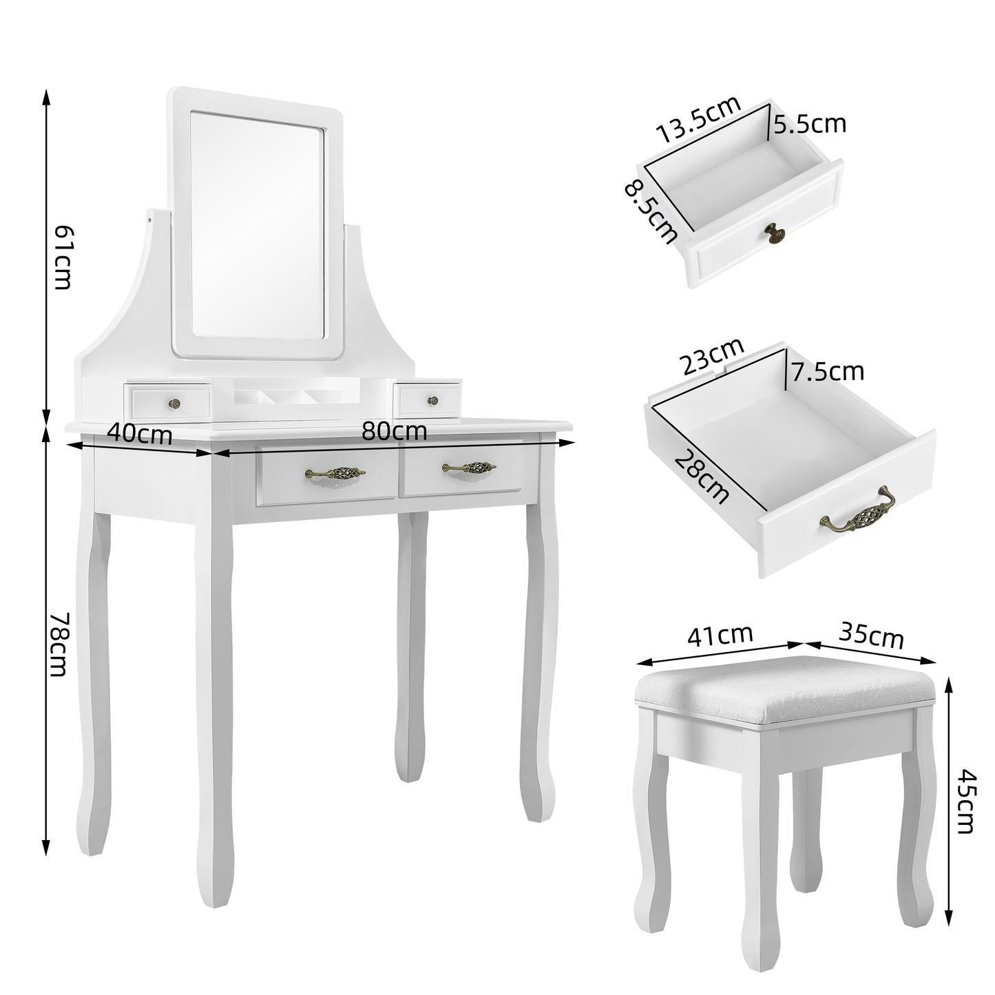 Classic Dressing Table, White Color, with a Large Mirror and Stool