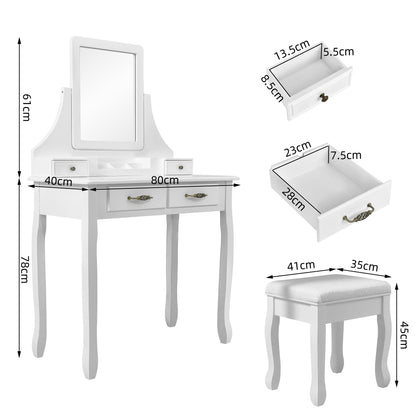 Classic Dressing Table, White Color, with a Large Mirror and Stool