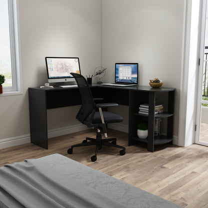 Black L-shaped Computer Corner Desk, with 2 Storage Shelves