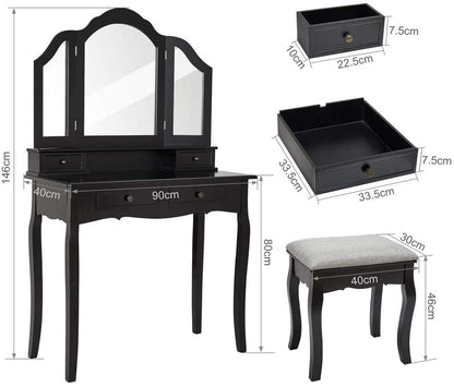Classic Dressing Table, Black/White Color, Providing a Large Mirror, Drawers and Printed Stool