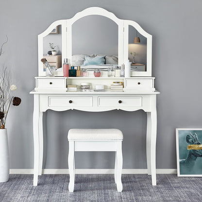 Classic Dressing Table, Black/White Color, Providing a Large Mirror, Drawers and Printed Stool