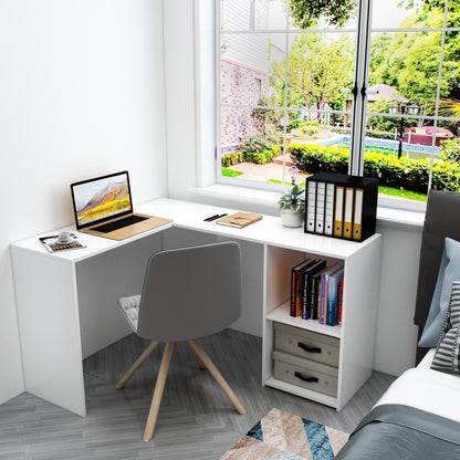 L-shaped Computer Desk, White/Black Color, 2 Storage Compartments