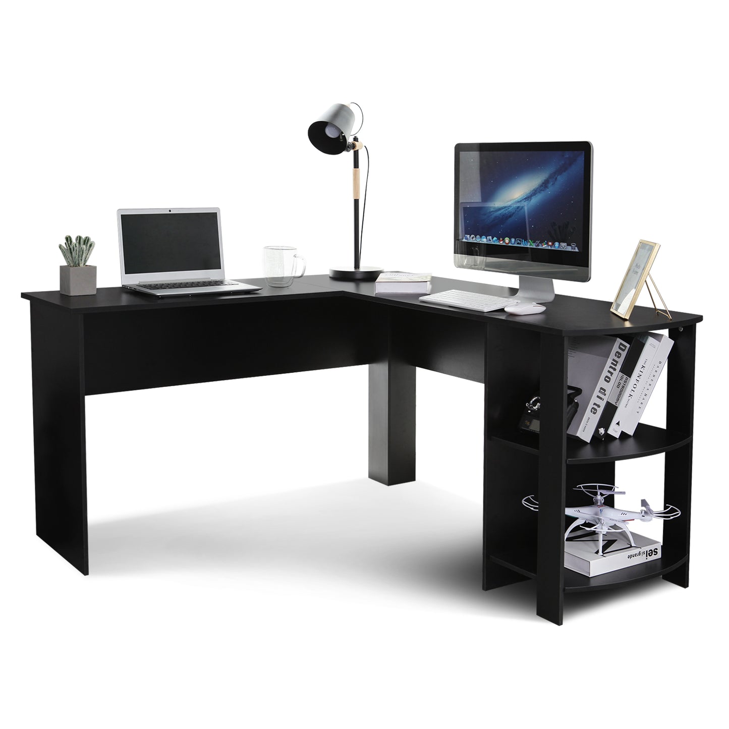 Black L-shaped Computer Corner Desk, with 2 Storage Shelves