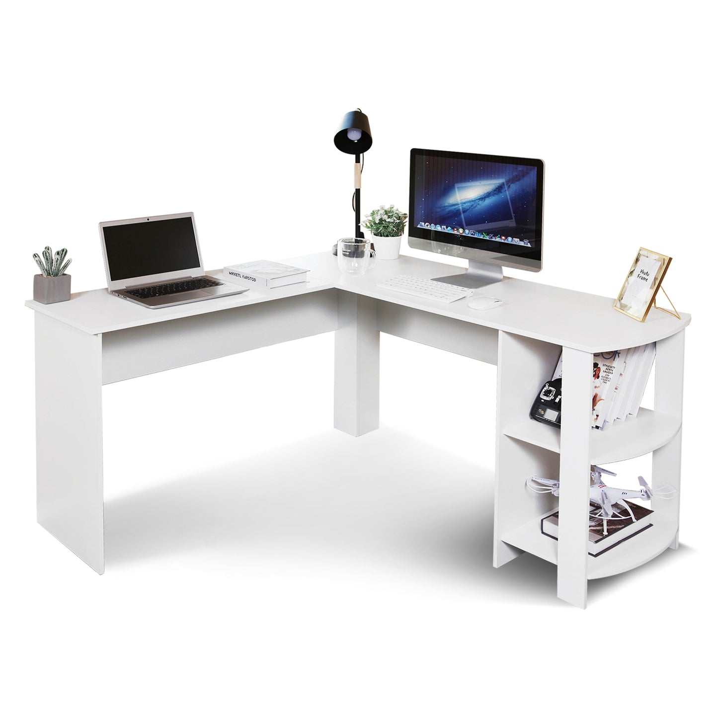 Black L-shaped Computer Corner Desk, with 2 Storage Shelves