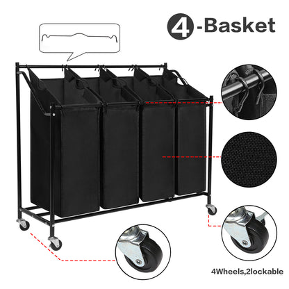Laundry Bin in Black Color, Metal Pipe, 4 Laundry Sorters