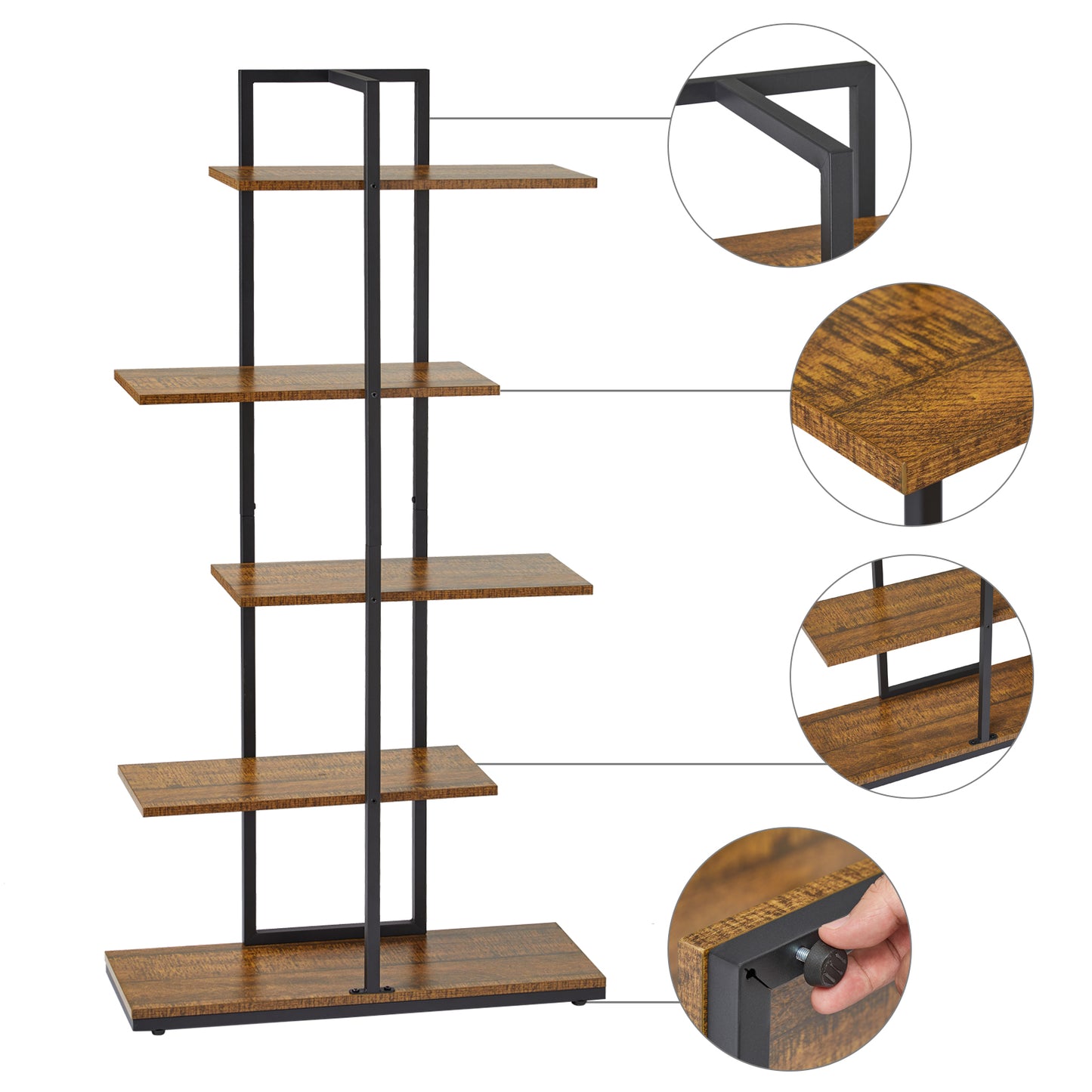 Bookcase, Brown, 5 Tier Asymmetric Split Level Storage Shelf