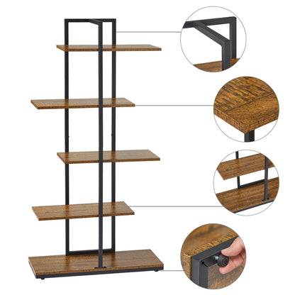 Bookcase, Brown, 5 Tier Asymmetric Split Level Storage Shelf