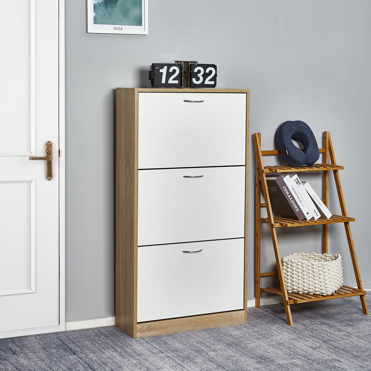 Modern Shoe Rack, Brown/Natural/White Color, 3 Drawer Flaps