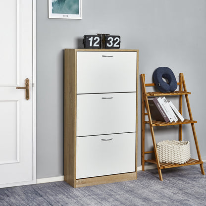 Modern Shoe Rack, Brown/Natural/White Color, 3 Drawer Flaps