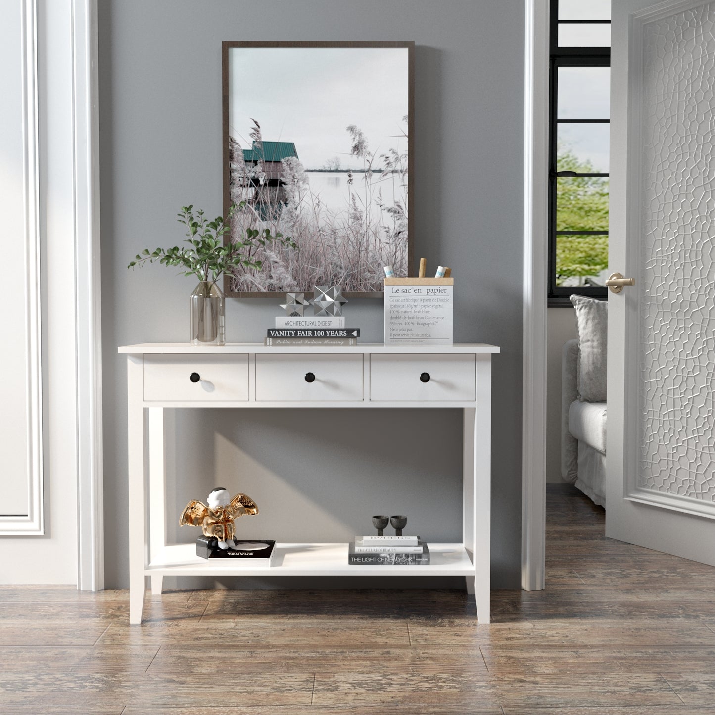 Minimalist Style Console Table,White Wooden Color, with 2/ 3 Drawers