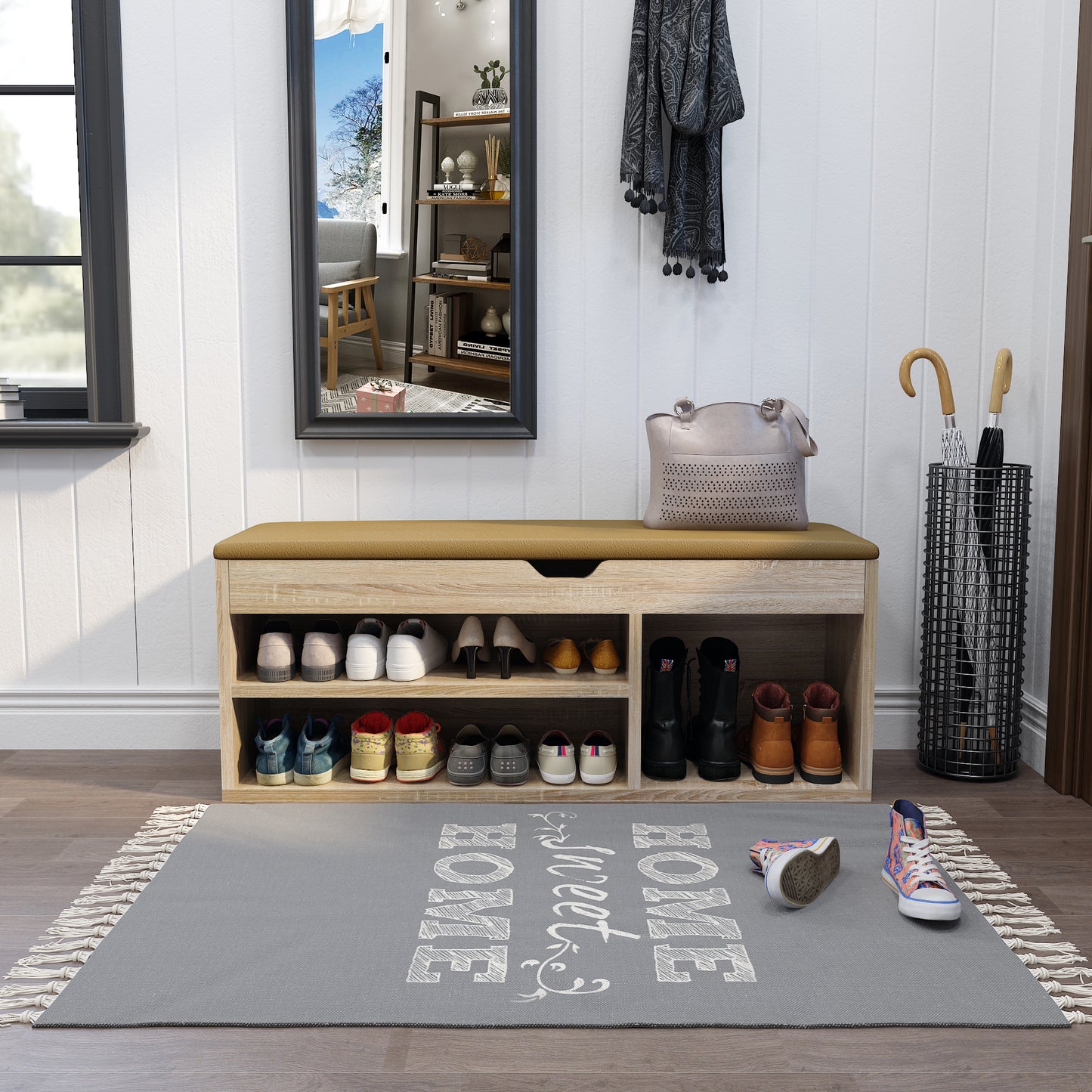 Modern Shoe Bench, Natural Wood Grain/White Color, Organizer Unit