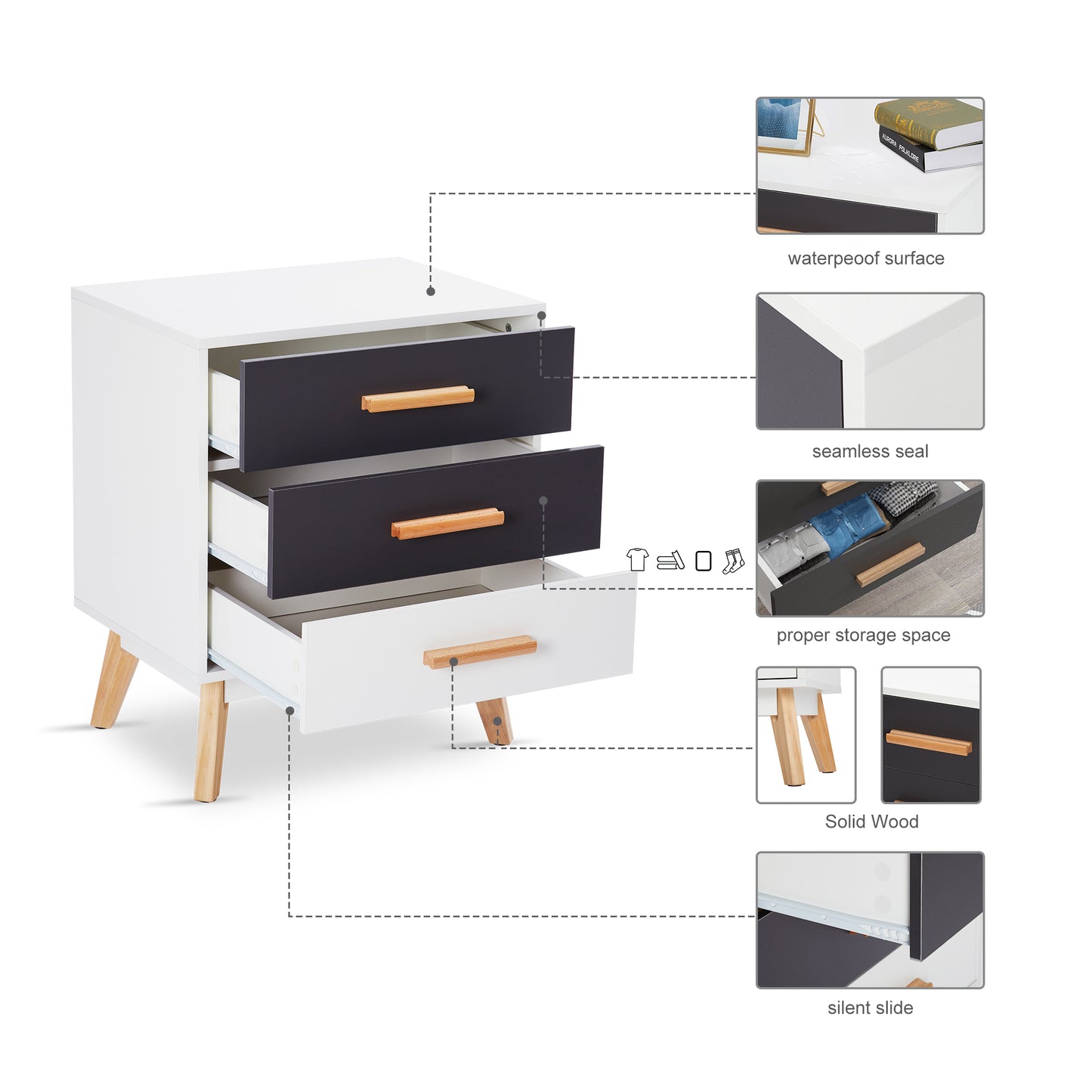 Storage Cabinet, White and Grey, with 3 Drawers