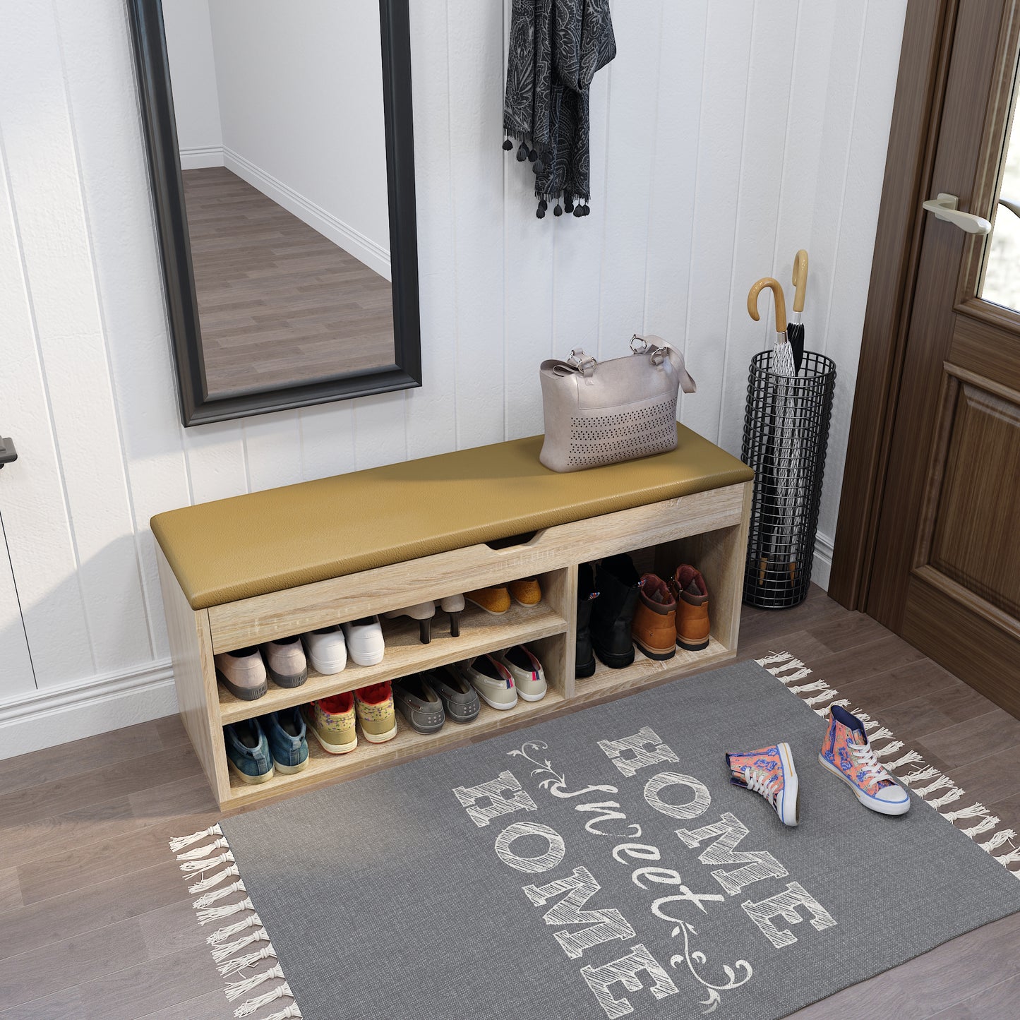 Modern Shoe Bench, Natural Wood Grain/White Color, Organizer Unit