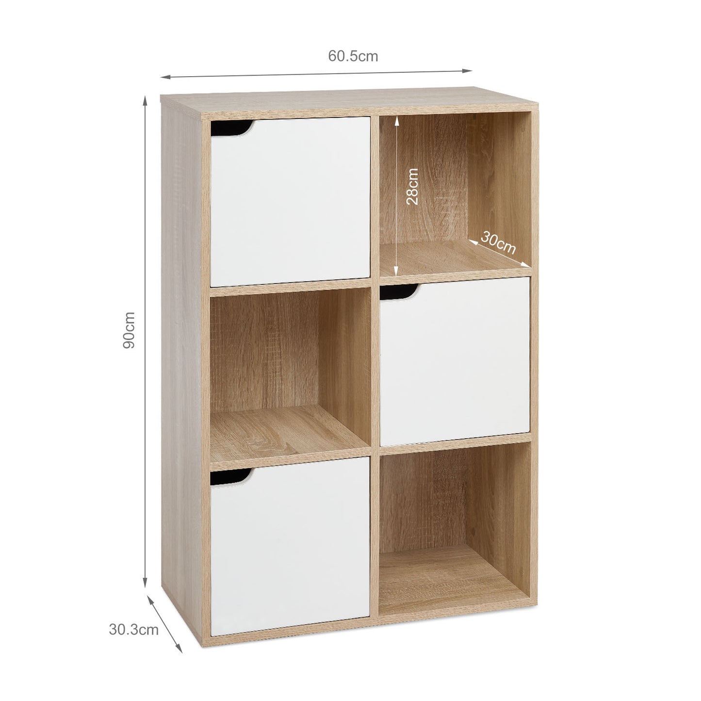 Bookcase,  White and Wood, Six Compartments with Three Doors